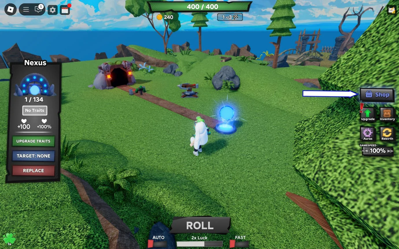 Ein Screenshot von Tower Defense RNG in Roblox, der den Shop-Button des Spiels zeigt.