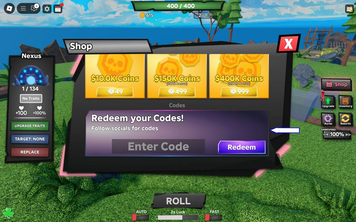Ein Screenshot von Tower Defense RNG in Roblox, der das Codes-Feld des Spiels zeigt.