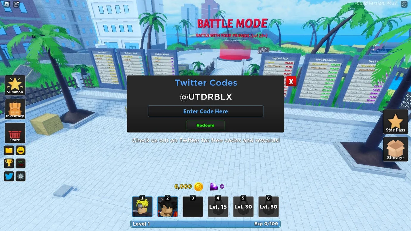 Ein Screenshot von Ultimate Tower Defense in Roblox, der das Codes-Menü des Spiels zeigt.