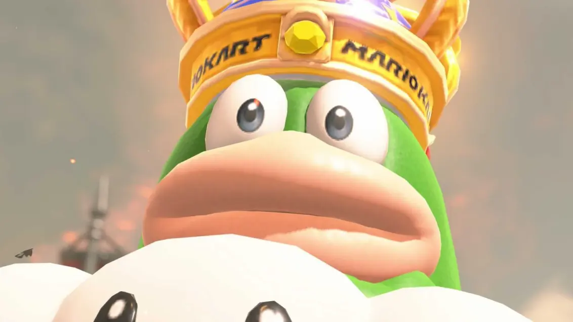 Spike schaut genau in die Kamera in einem Screenshot von Mario Kart World.