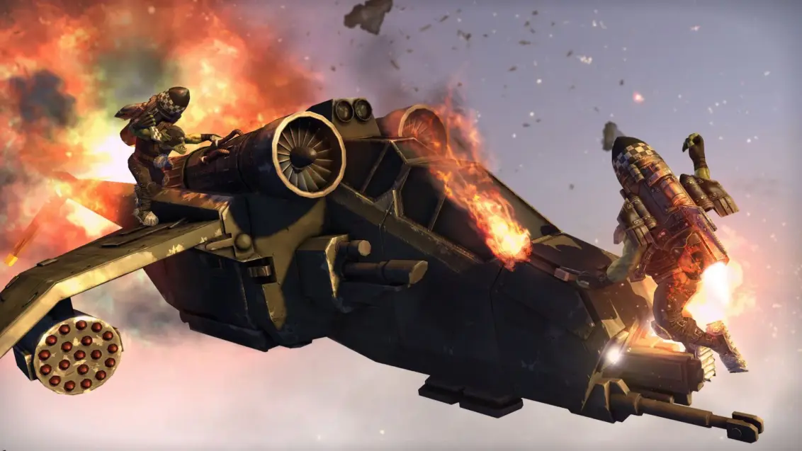 Ork Stormboyz greifen ein Flugzeug in der Luft in Warhammer 40,000: Space Marine Master Crafted Edition an.