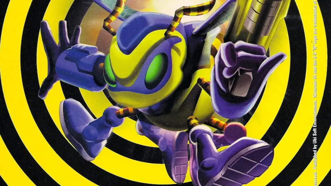 Buck Bumble, ein mutierter Bienen-Mann, hält eine Art Pistole vor einem schwarz-gelben Hintergrund.