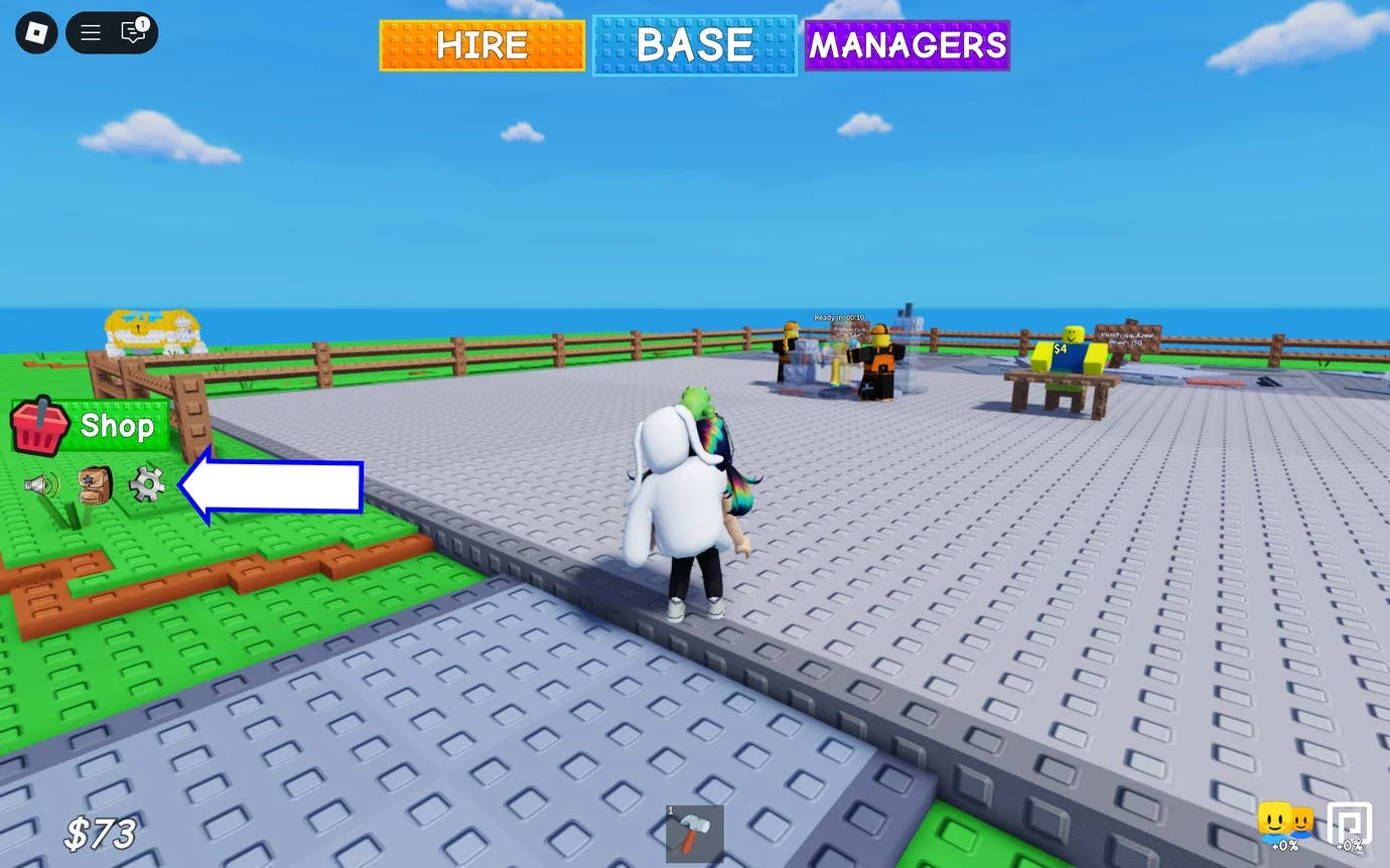 Ein Screenshot von Grow a Business in Roblox, der die Einstellungsschaltfläche des Spiels zeigt.