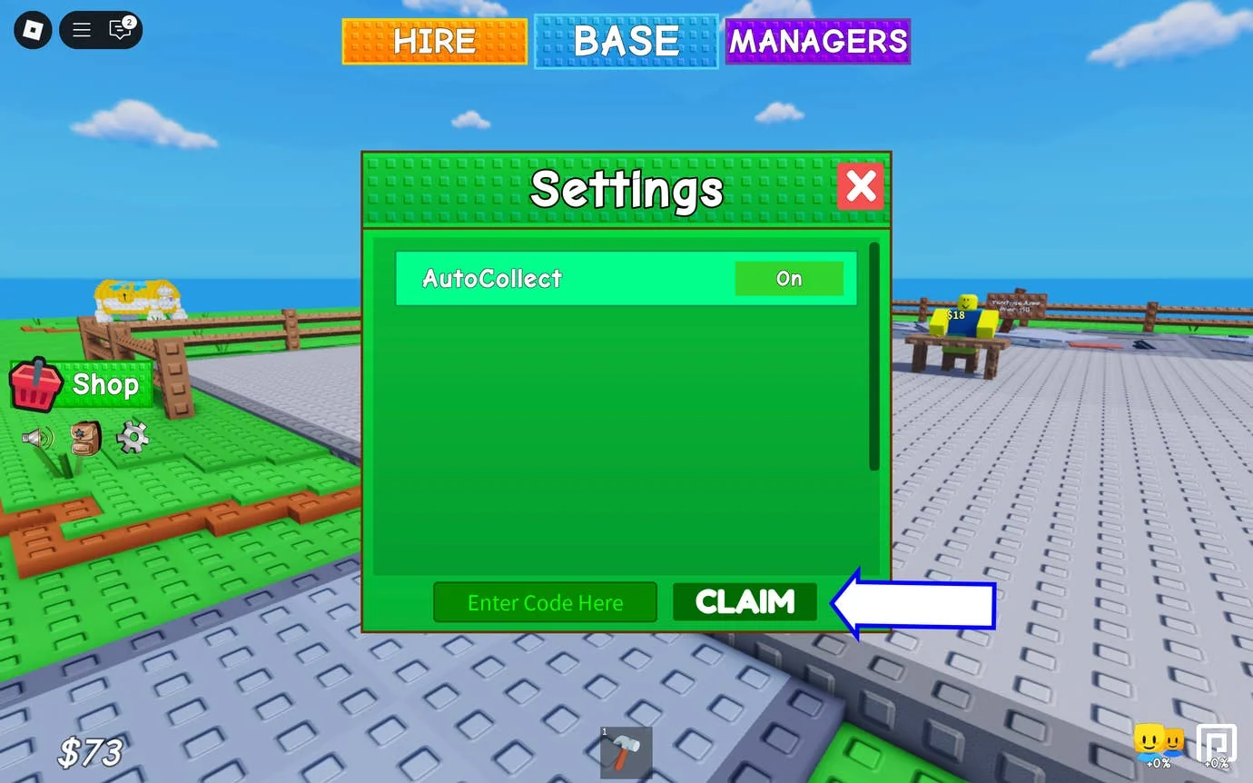 Ein Screenshot von Grow a Business in Roblox, der das Codes-Feld des Spiels zeigt.