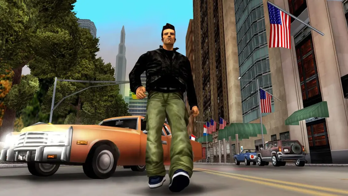 Ein Charakter läuft die Straßen von NYC in GTA 3 entlang