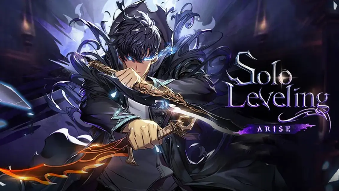 Artwork für das mobile Spiel Solo Leveling Arise, zeigt den Hauptcharakter des Spiels Sung Jinwoo mit zwei Schwertern.