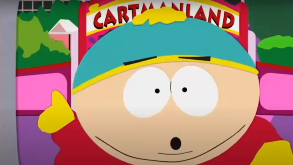 Eric Cartman zeigt auf einen Vergnügungspark während der South Park-Episode Cartmanland (Staffel 5, Episode 6).