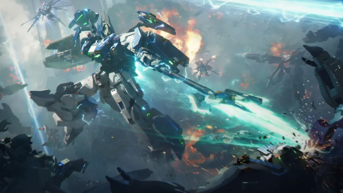 Mecha Break Veröffentlichungszeiten: Bild eines großen Mechs, der in die Luft springt und einen leuchtenden Speer in einen Mech am Boden stößt.