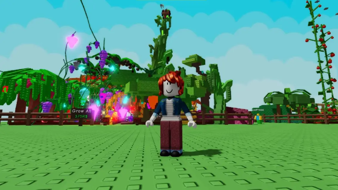 Charakter-Avatar vor einem überwucherten Garten in Roblox Grow a Garden