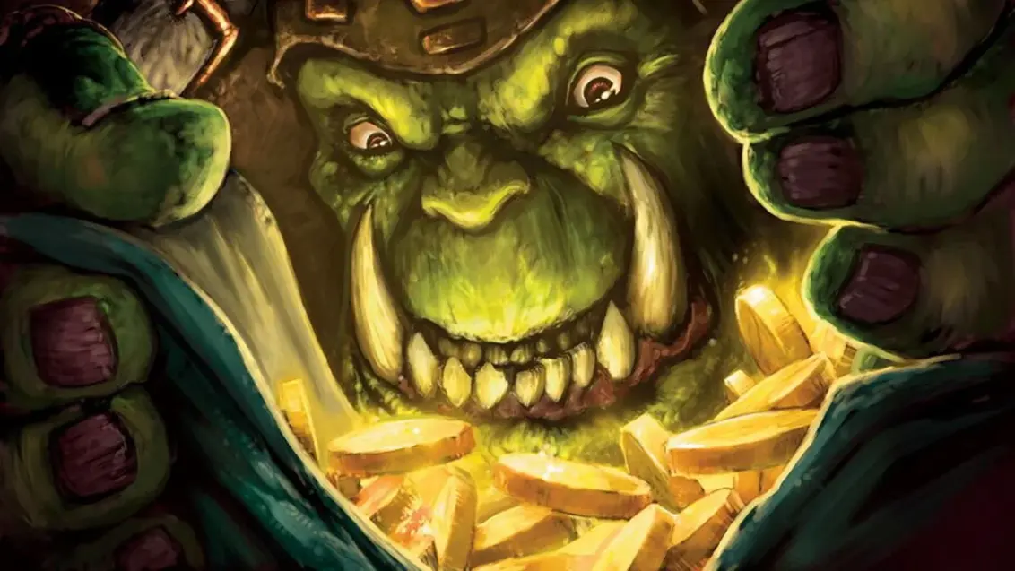 Ein Ork in World of Warcraft grinst gierig in einen Sack, der mit Gold überquillt.
