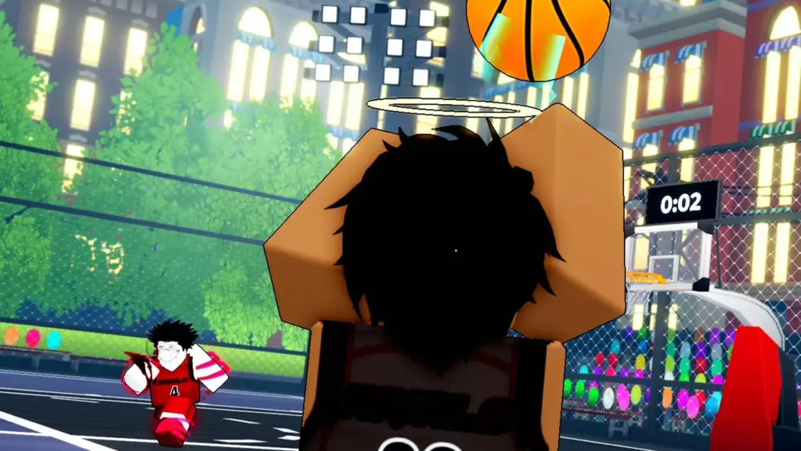 Ein Roblox-Charakter wirft einen Basketball in einen Korb bei Basketball Zero.