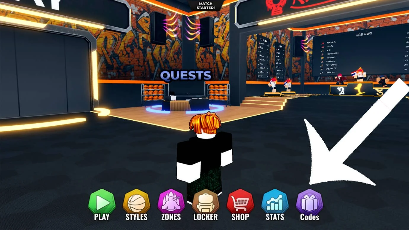 Pfeil zeigt auf die Codes-Schaltfläche im Roblox-Spiel Basketball Zero.