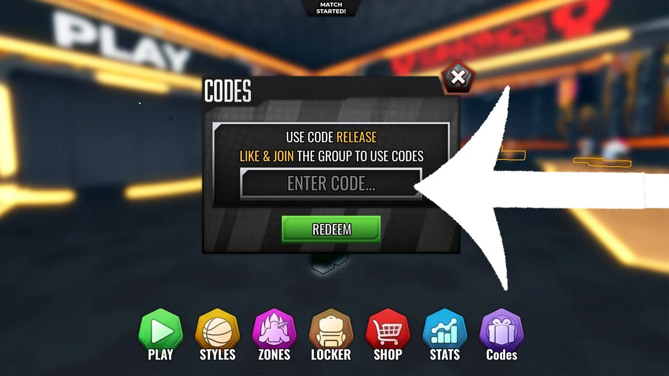 Pfeil zeigt auf das Codes-Menü im Roblox-Spiel Basketball Zero.