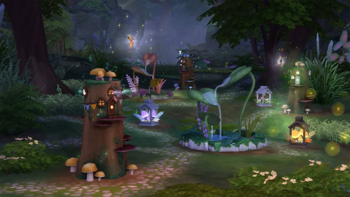 Eine Waldszene bei Nacht mit zahlreichen bunten Lichtern zwischen Baumstümpfen. Kleine Feen-Sims fliegen zwischen Miniaturhäusern im Laub.