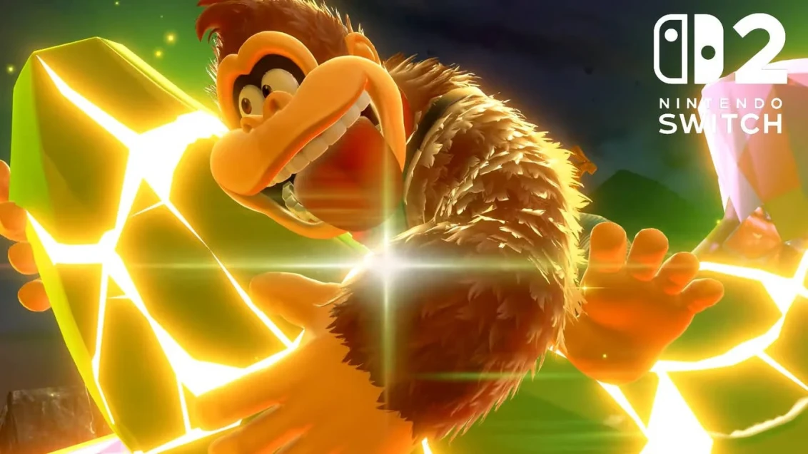 Donkey Kong klammert sich verzweifelt an eine gemähnliche Banane in Donkey Kong Bananza. Ein Switch 2-Logo befindet sich in der oberen rechten Ecke