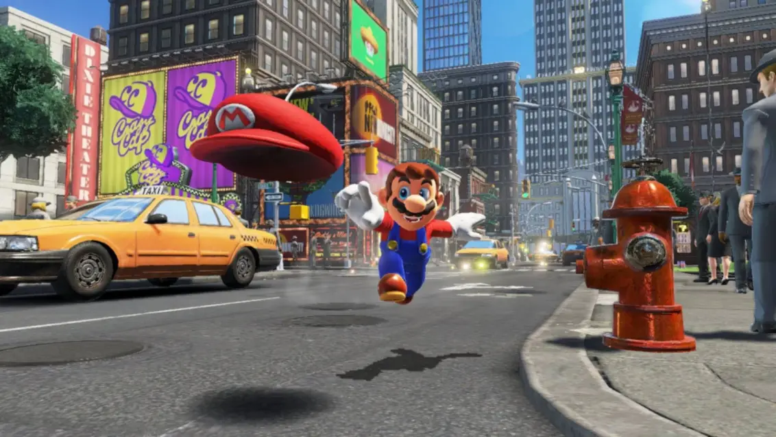 Ein Screenshot aus Super Mario Odyssey, der Mario zeigt, wie er Cappy in New Donk City wirft.