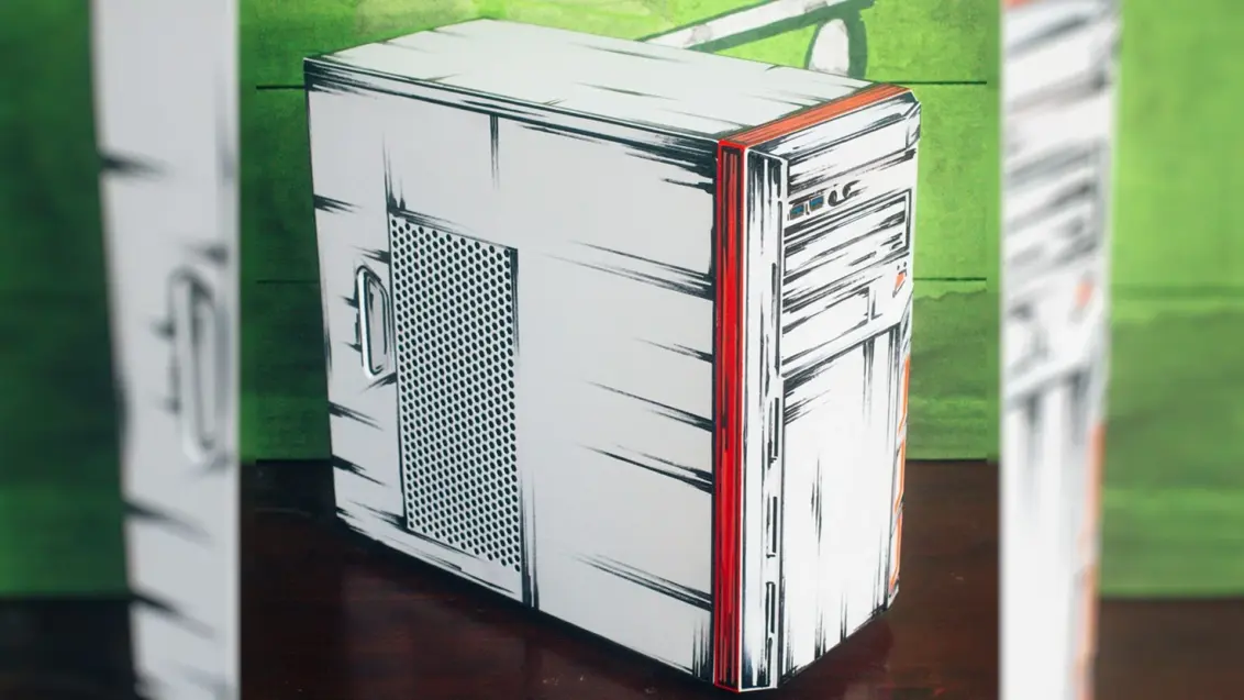 ErfolgreichesHost6375s im Cel-Shading-Stil handgezeichnetes PC-Gehäuse auf einem Schreibtisch mit grünem Hintergrund