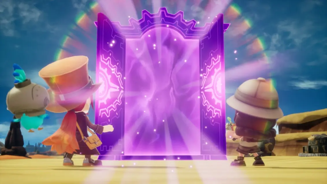 Fantasy Life i Edward Trip und Spieler schauen durch eine violette Tür