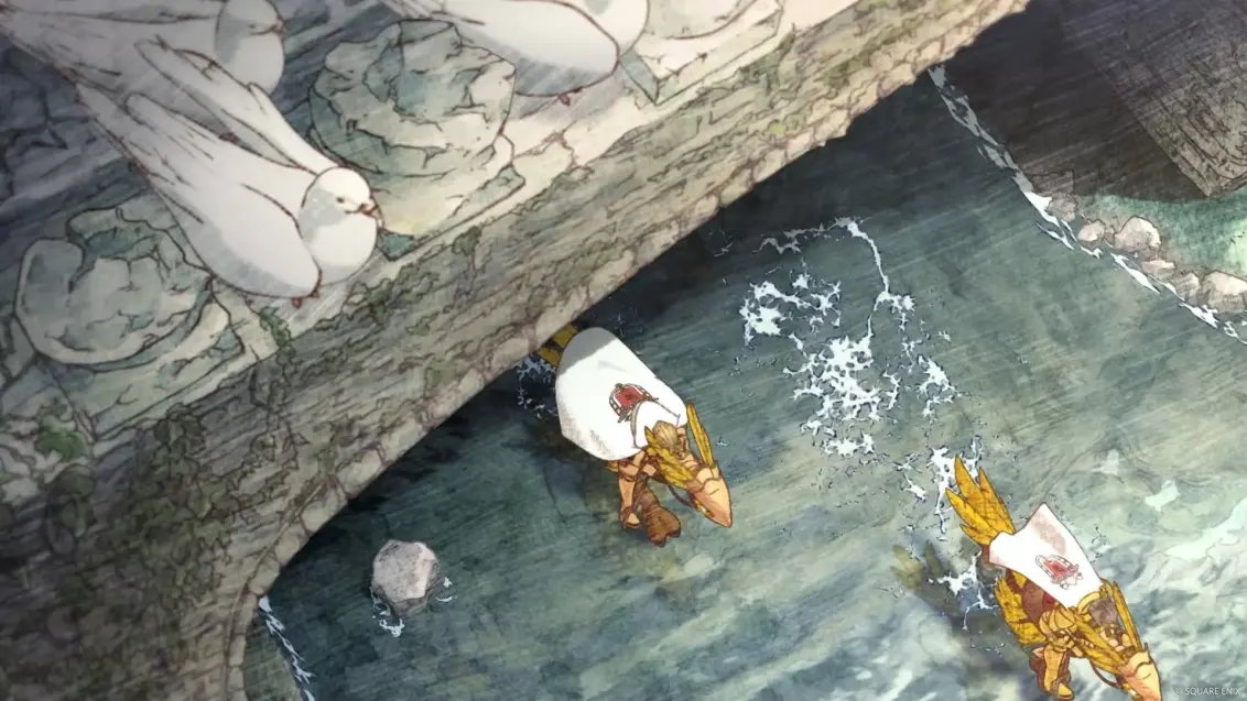 Zwei Ritter reiten auf Chocobos in Final Fantasy Tactics unter einer Brücke hindurch