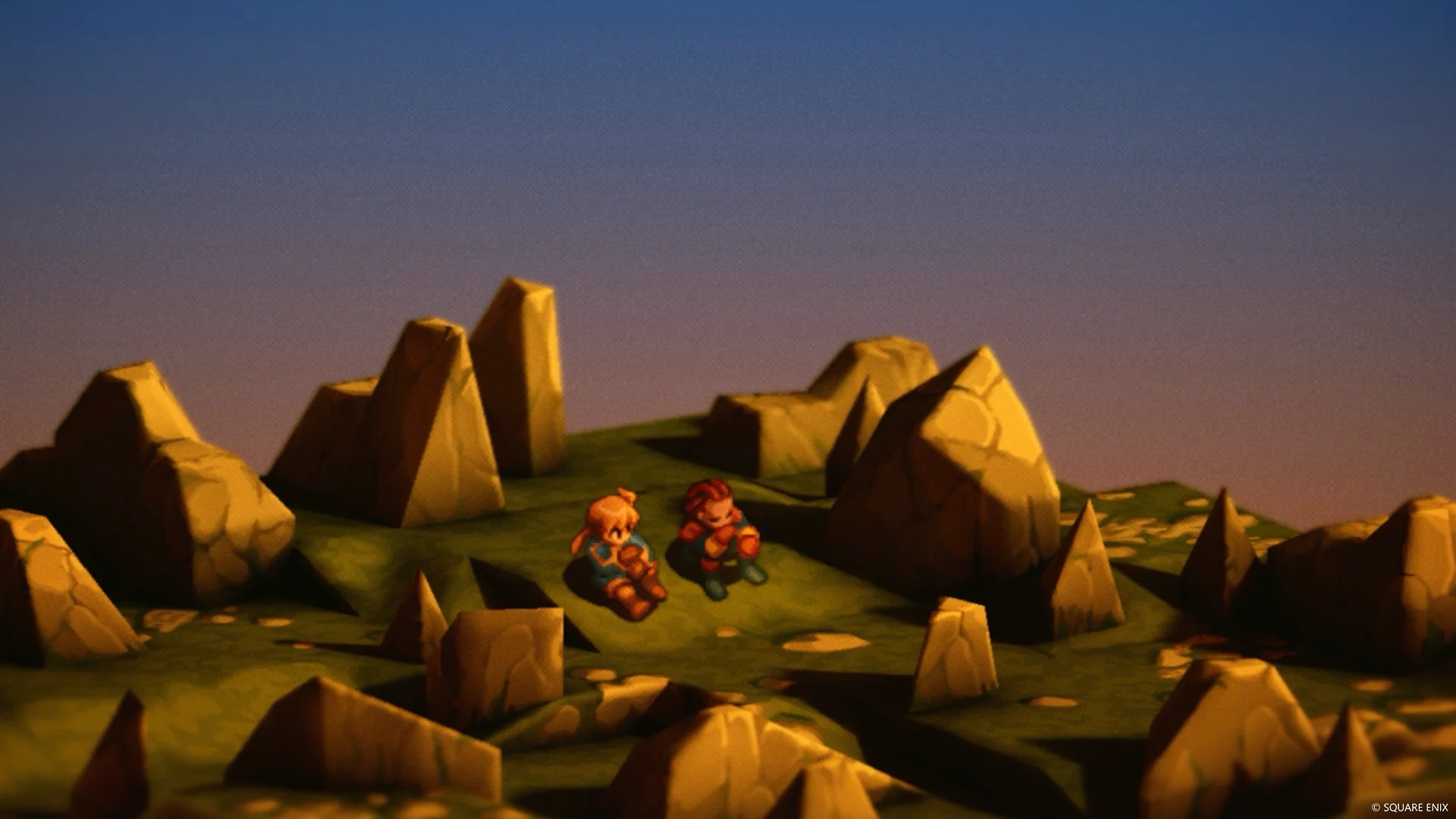 Zwei Charaktere sitzen und genießen den Sonnenuntergang auf einem grasbewachsenen Feld voller Felsformationen aus einem Final Fantasy Tactics-Screenshot.