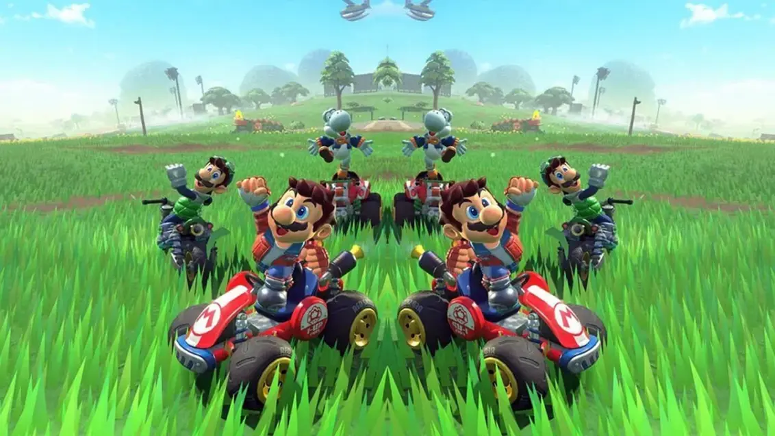 Ein Spiegelbild von Rennfahrern in Mario Kart World