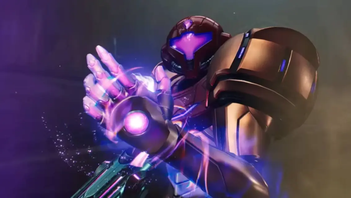 Metroid Prime 4: Beyond Trailer-Screenshot zeigt die sci-fi Anzug tragende Samus Aran, die eine Hand mit violetter Energie erhebt
