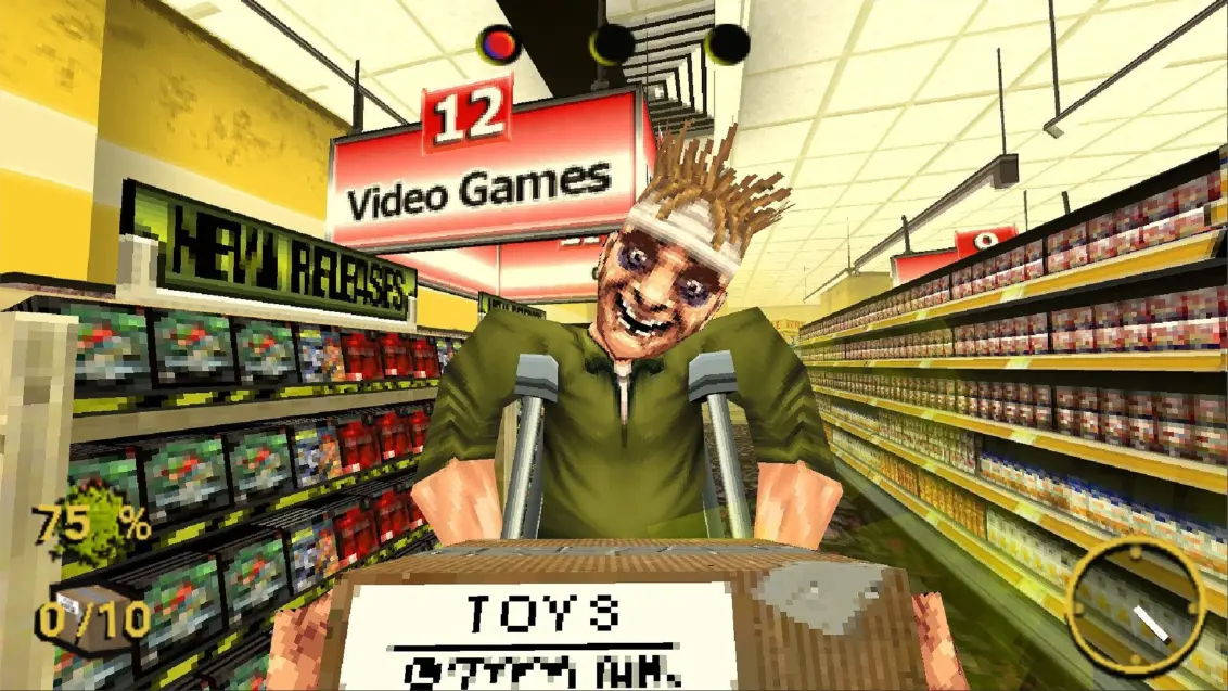 Screenshot aus Night of the Consumers, zeigt einen Einzelhandelskunden auf Krücken, der durch einen Videospielgang auf die Kamera zugeht.