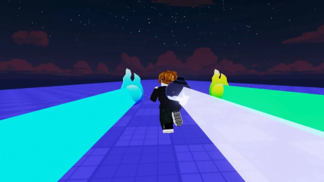 Bild eines Charakters, der in einem Kurs im Roblox-Spiel Race Clicker schnell unterwegs ist.