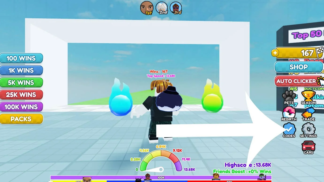 Ein Screenshot aus dem Spiel Roblox Race Clicker mit einem Pfeil, der auf den Button zeigt, den die Spieler drücken müssen, um einen Code einzulösen.
