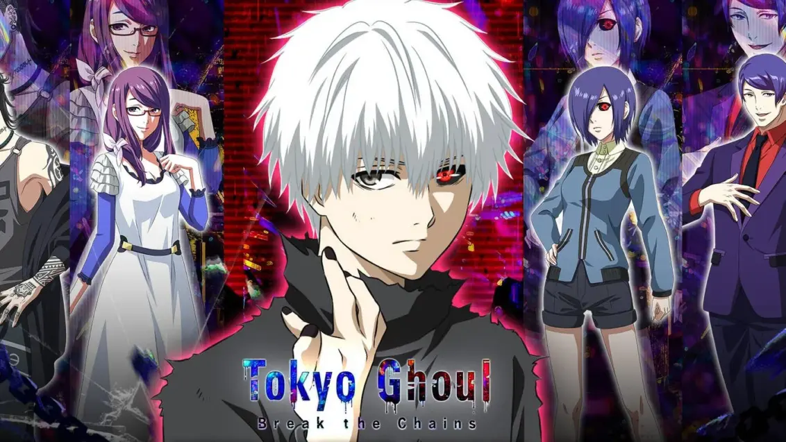 Charaktere aus dem Tokyo Ghoul Anime, in einer Promo für das Gacha-Spiel Break the Chains.